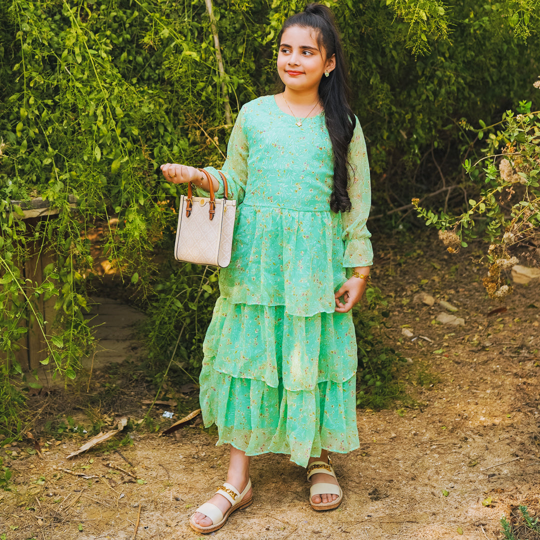 Figo - Light Green Floral Frill Maxi/Long Frock