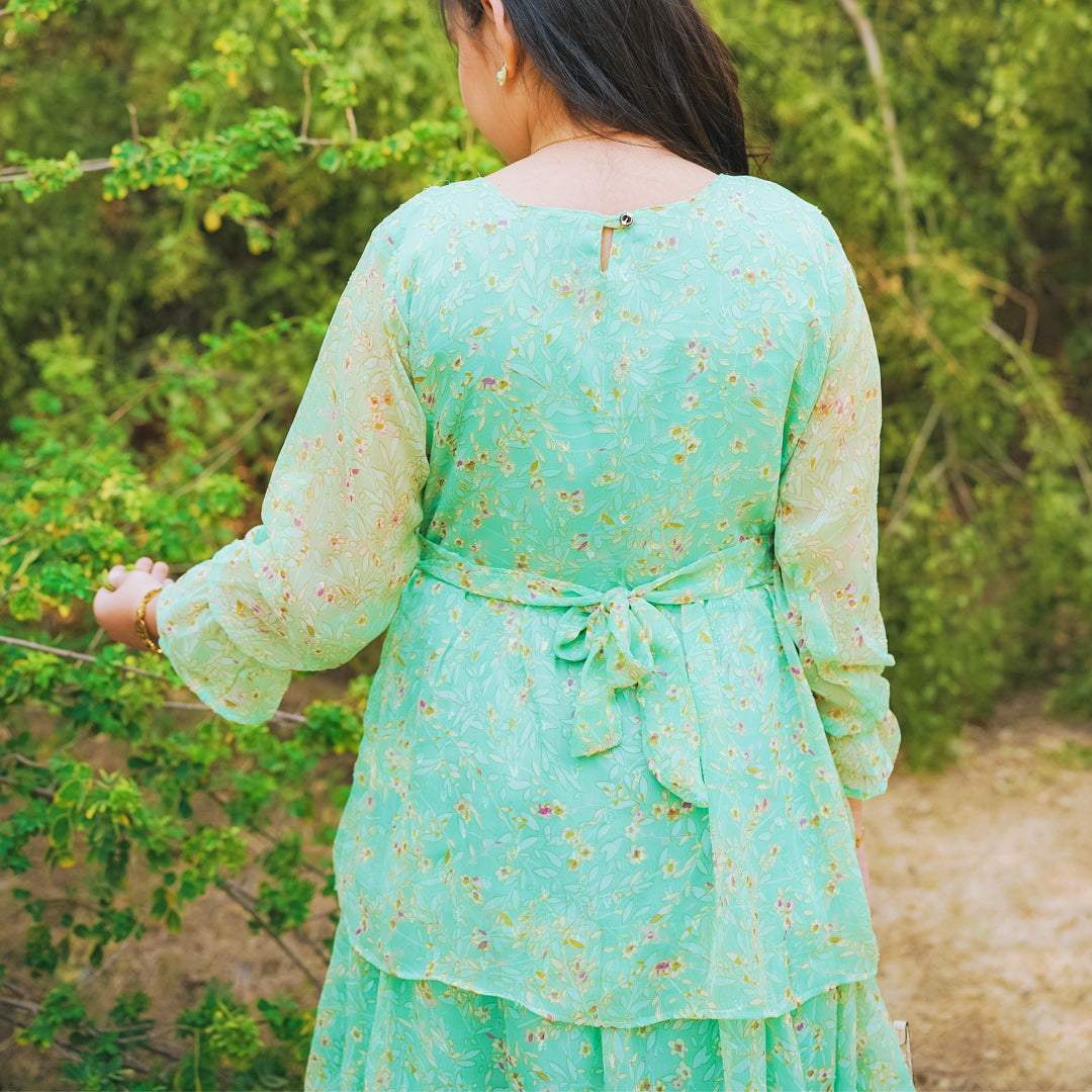 Figo - Light Green Floral Frill Maxi/Long Frock