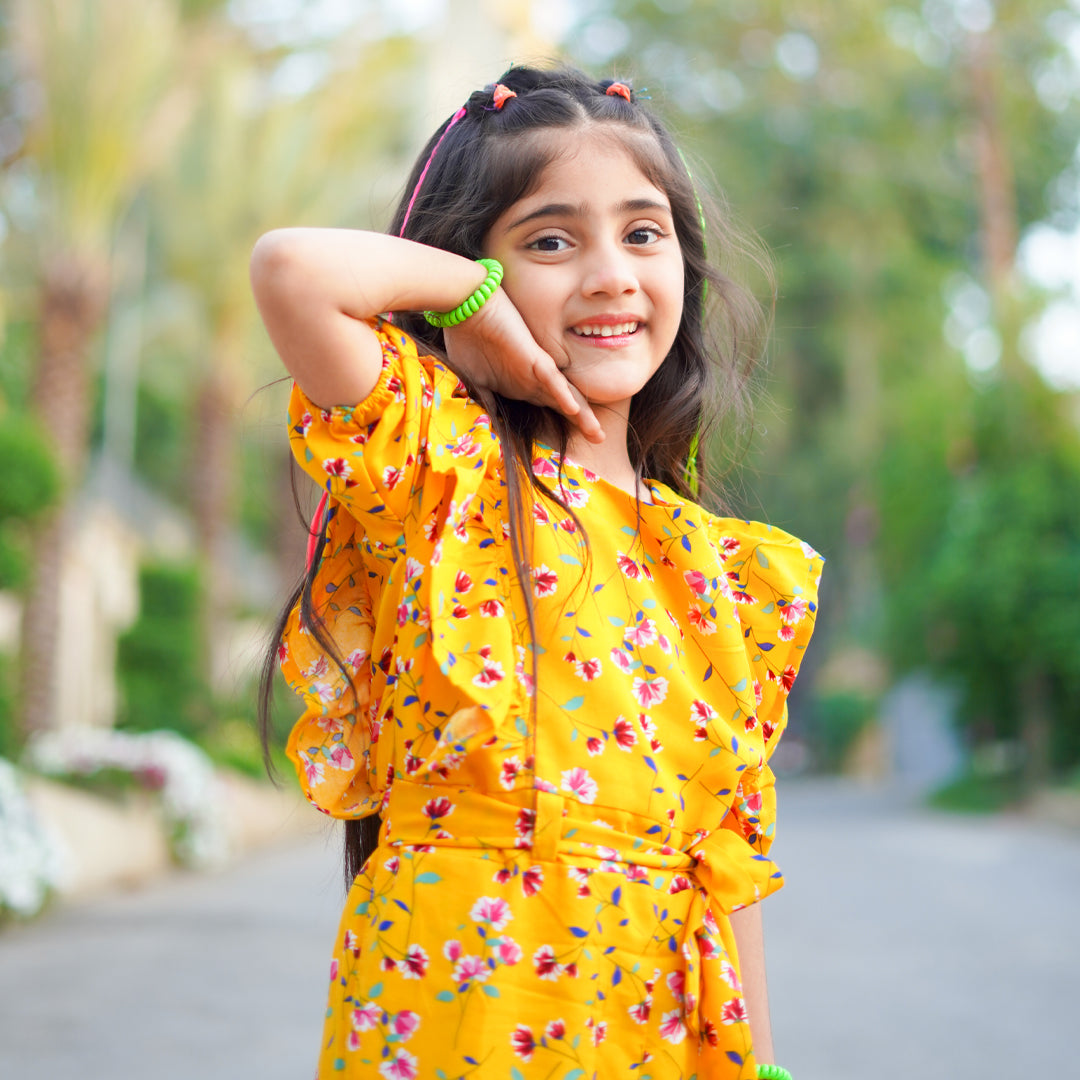 Figo - Mustard Floral Butterfly Pattern Jumpsuit