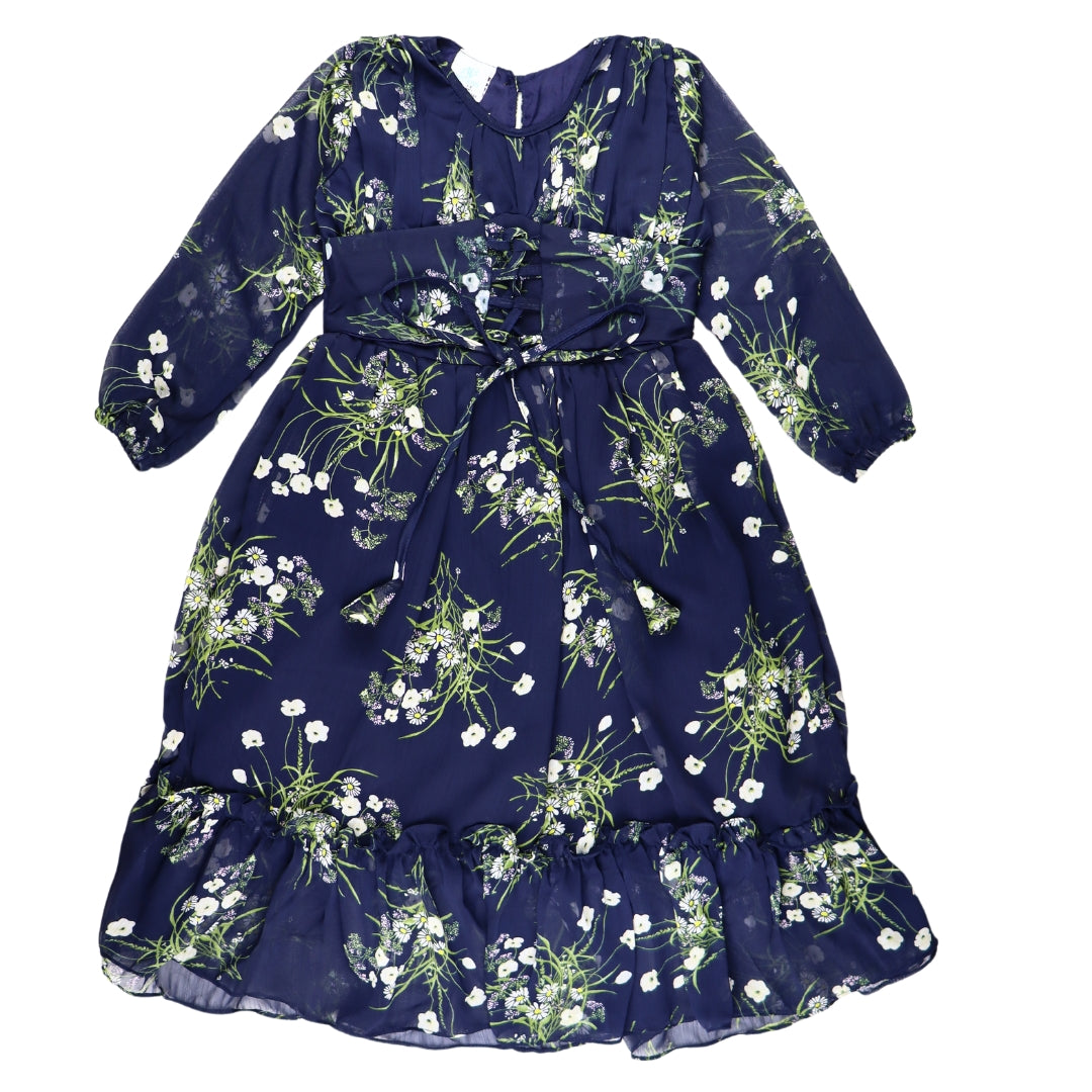 Figo - Navy Floral Front Belted Frill Maxi