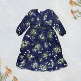 Figo - Navy Floral Front Belted Frill Maxi