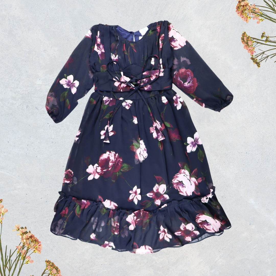 Figo - Dark Navy Floral Front Belted Frill Maxi