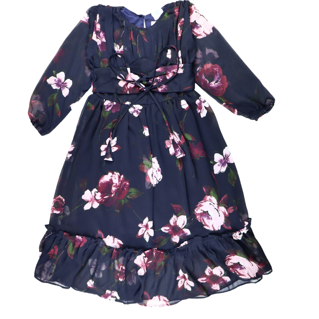 Figo - Dark Navy Floral Front Belted Frill Maxi