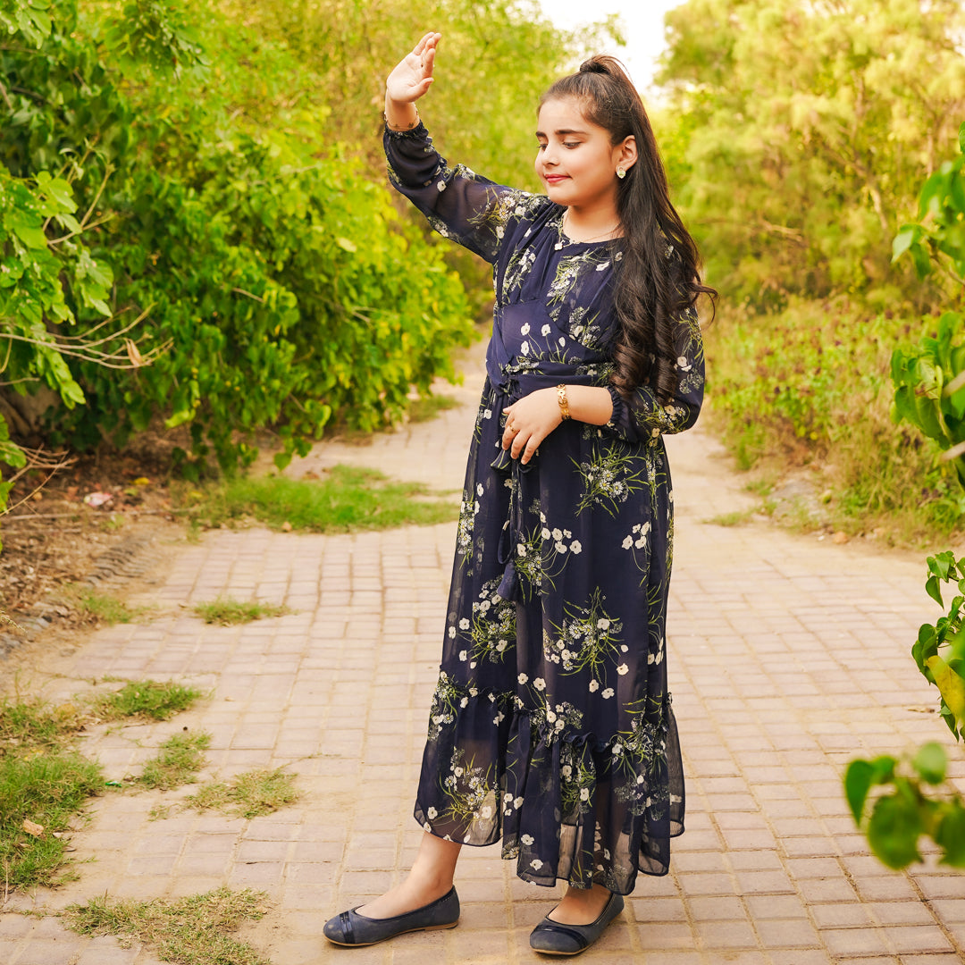 Figo - Navy Floral Front Belted Frill Maxi