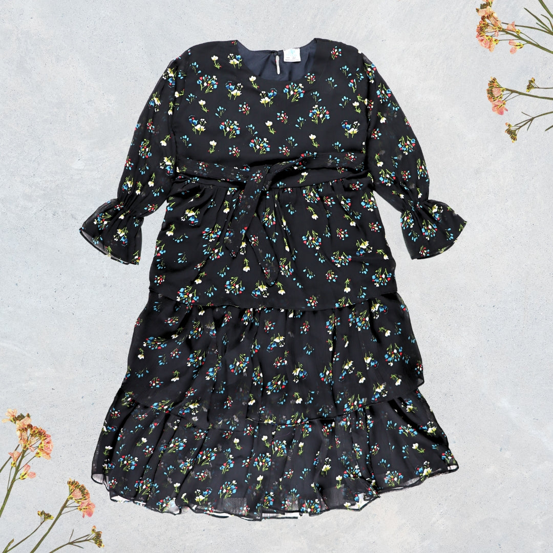 Figo - Black Elegant Floral Frill Maxi/Long Frock