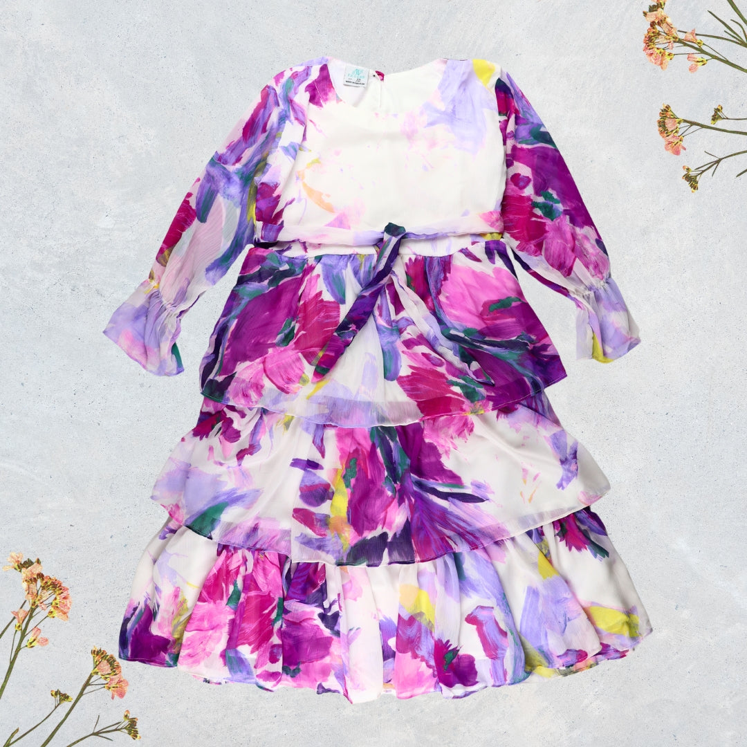 Figo - White Purple Pink Floral Frill Maxi/Long Frock