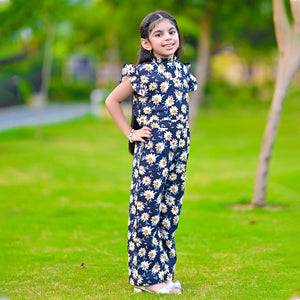 Figo - Navy Yellow Floral Platted Neck Jumpsuit