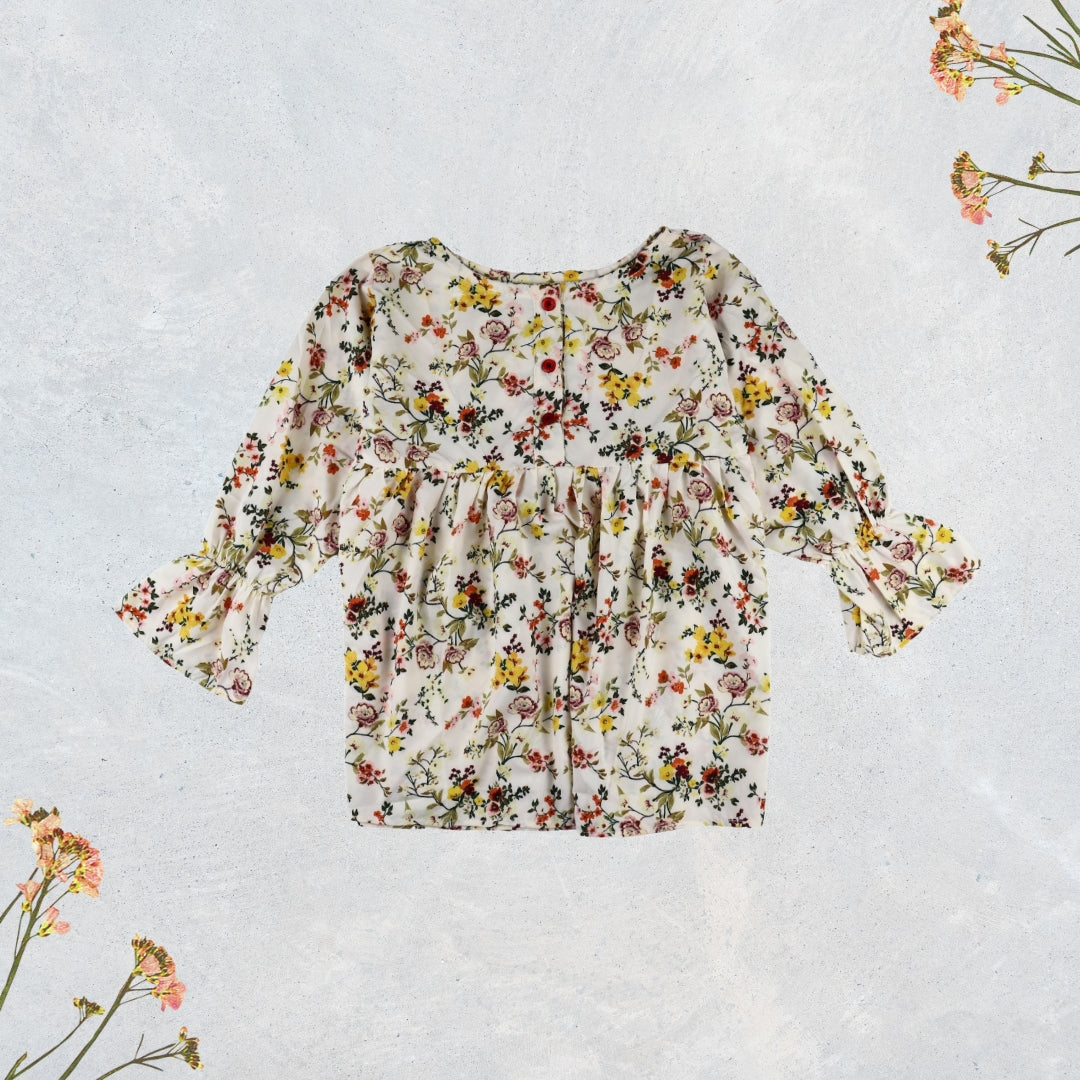 Figo - Off White Floral Front Buttoned Top