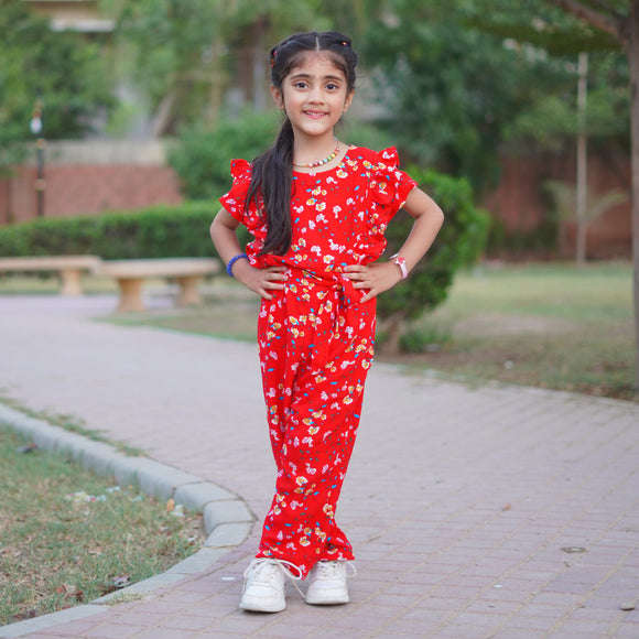 Figo - Red Floral Butterfly Pattern Jumpsuit