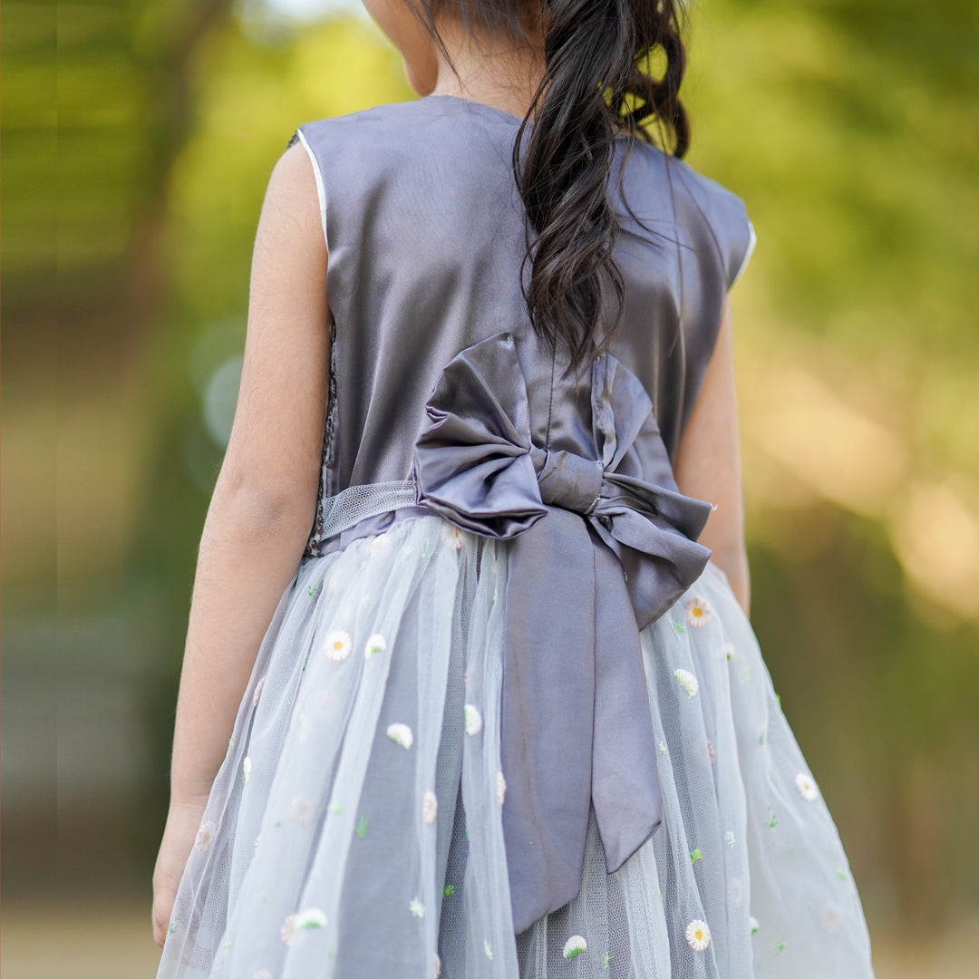 Figo - Silver Sequin Embroidered Net Frock