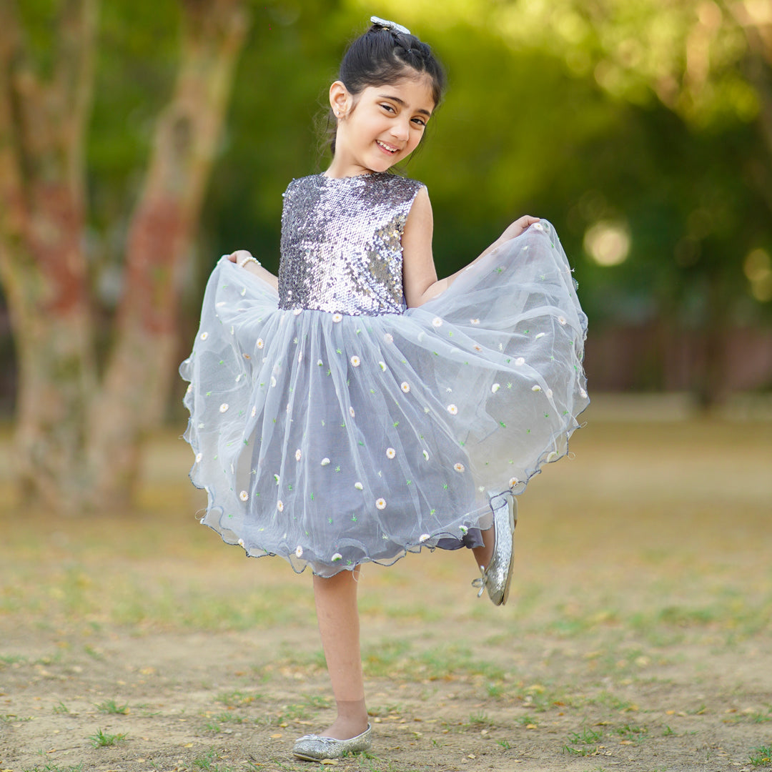 Figo - Silver Sequin Embroidered Net Frock