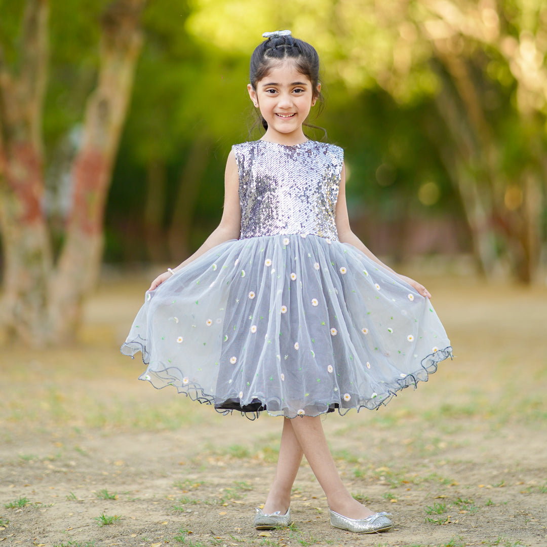 Figo - Silver Sequin Embroidered Net Frock