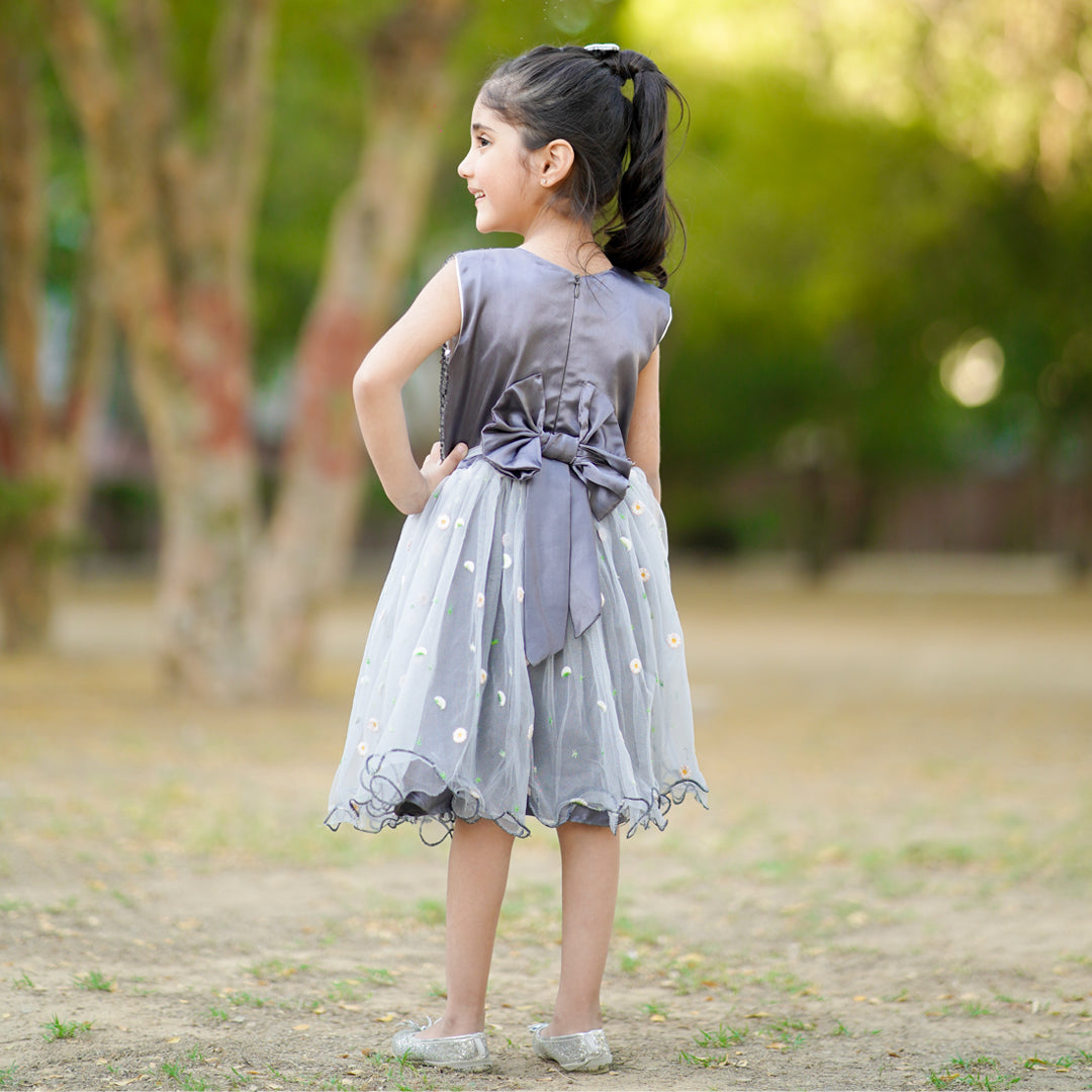 Figo - Silver Sequin Embroidered Net Frock