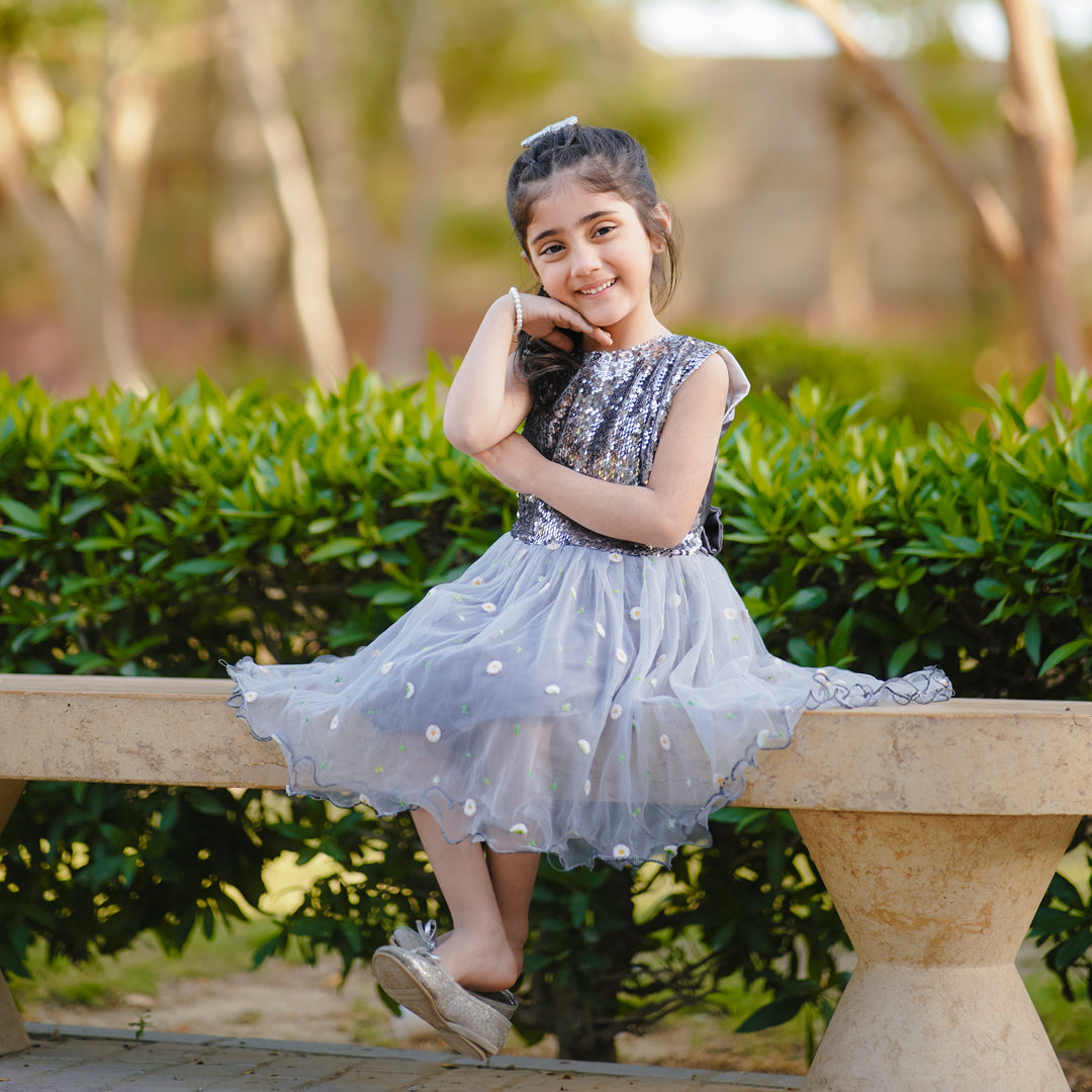 Figo - Silver Sequin Embroidered Net Frock