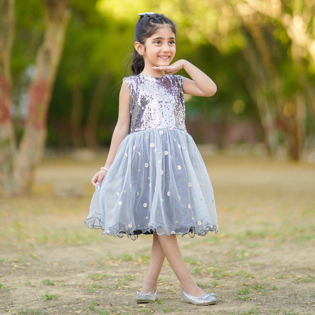 Figo - Silver Sequin Embroidered Net Frock
