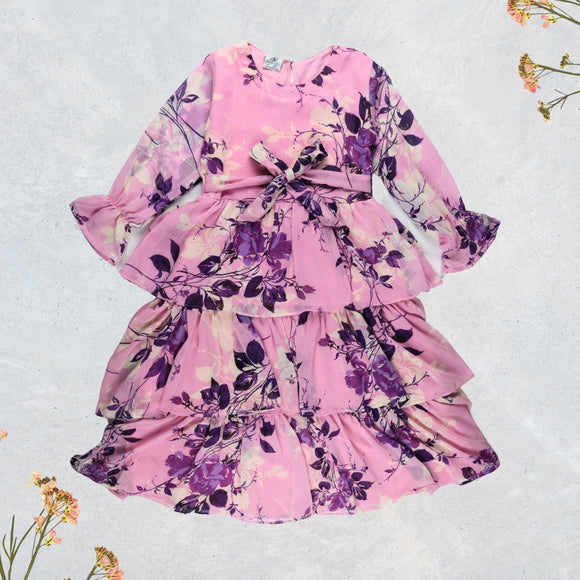 Figo - Pink Purple Floral Frill Maxi/Long Frock