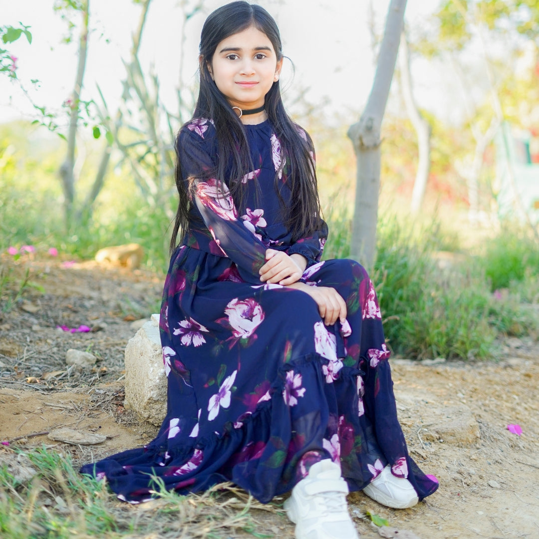 Figo - Dark Navy Floral Front Belted Frill Maxi