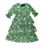 Figo - Vibrant Green Floral Frill Maxi/Long Frock