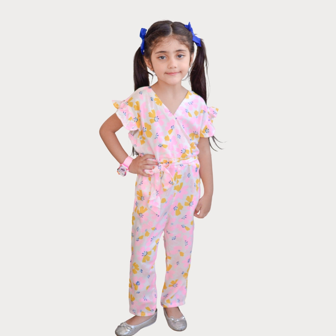 Figo - White Pink Floral V-Neck Jumpsuit