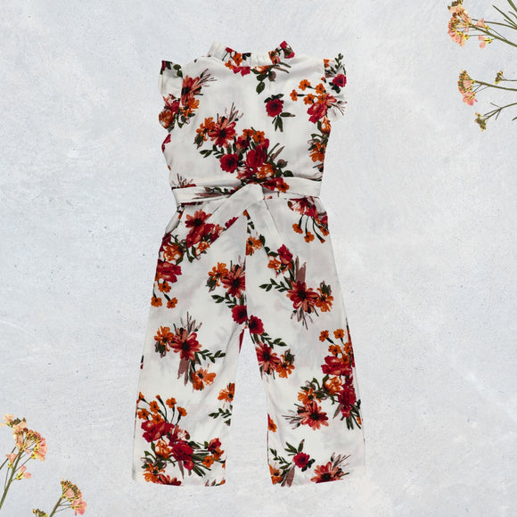 Figo - White Red Floral Platted Neck Jumpsuit