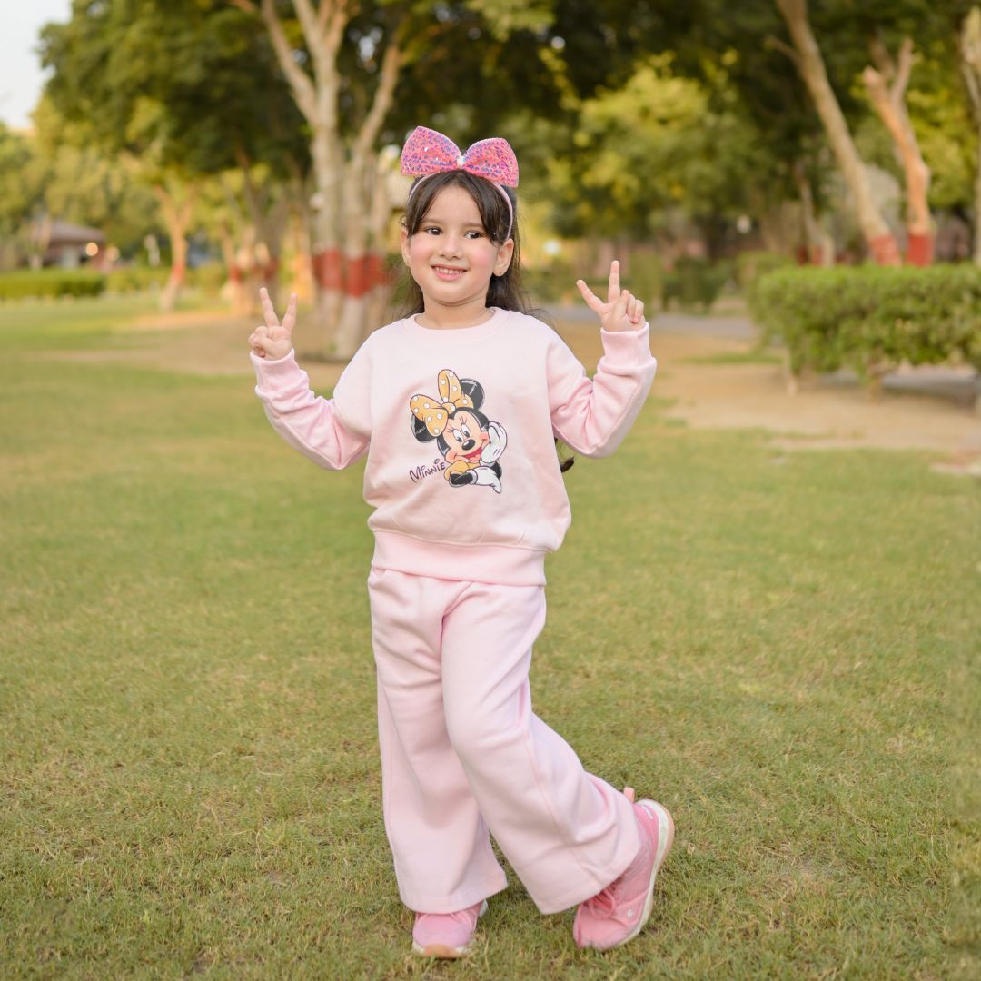 Figo Baby Pink Minnie Mouse Drop Shoulder Track Suit for girls - front