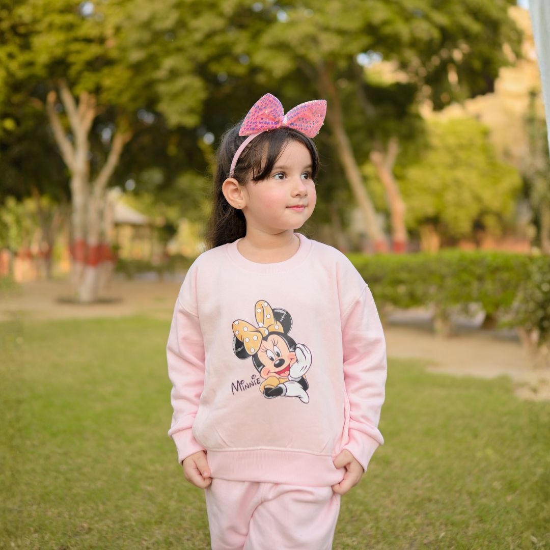 Baby Pink Minnie Mouse track suit with drop shoulder sweatshirt and trousers