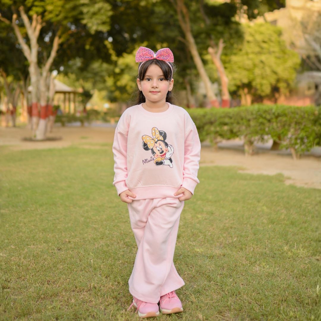 Baby Pink Minnie Mouse Drop Shoulder Track Suit - Minnie print close look