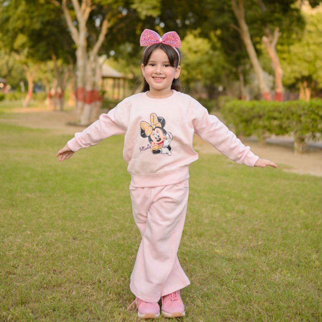 Kids Baby Pink Minnie Mouse drop shoulder winter track suit - SuperCart.pk