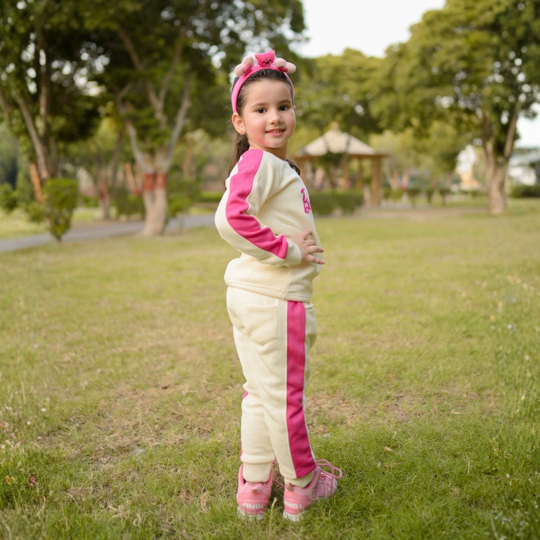 Girls Barbie pink stripe tracksuit with matching trousers - Figo Kids