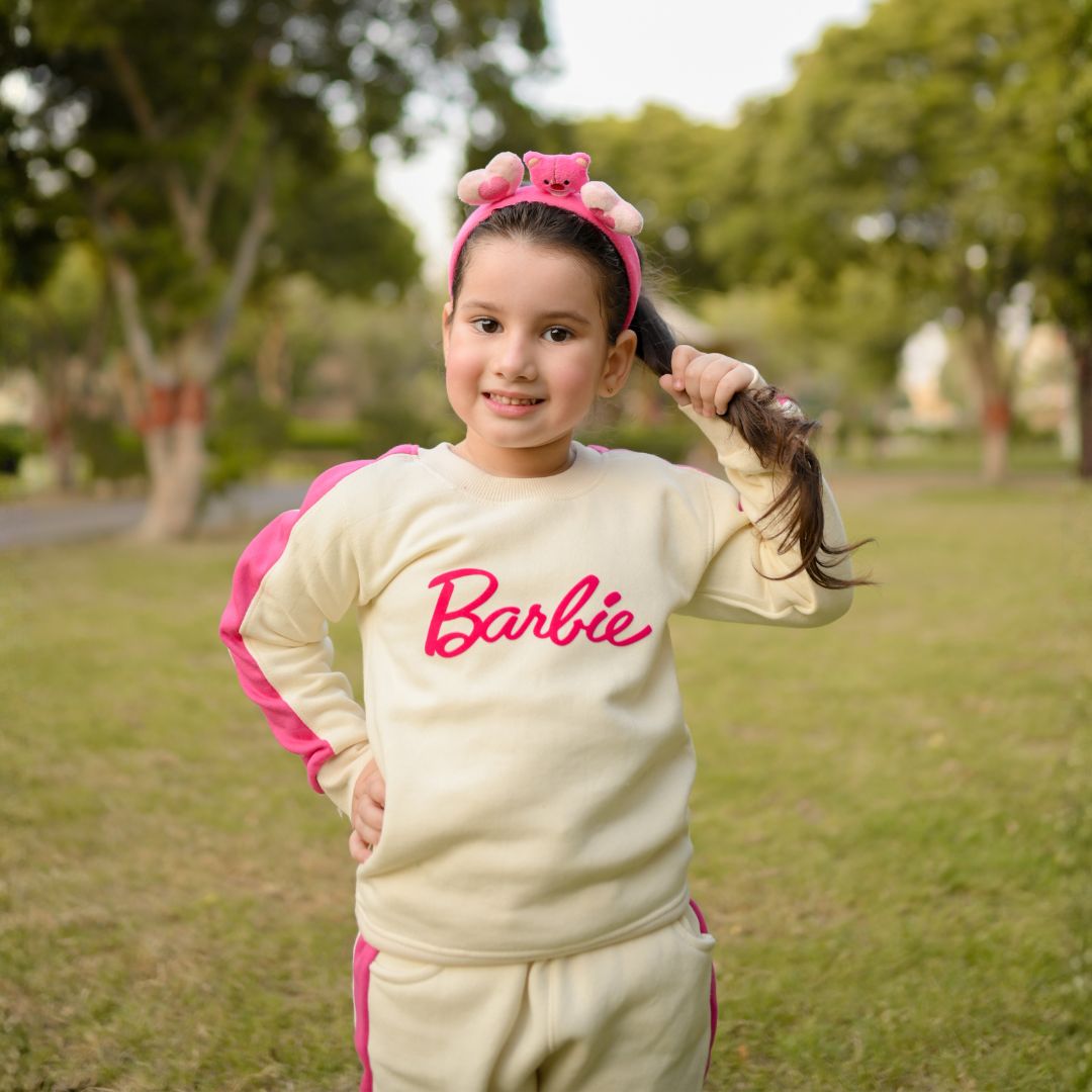 Barbie Pink Stripe Track Suit - pink stripe print close look