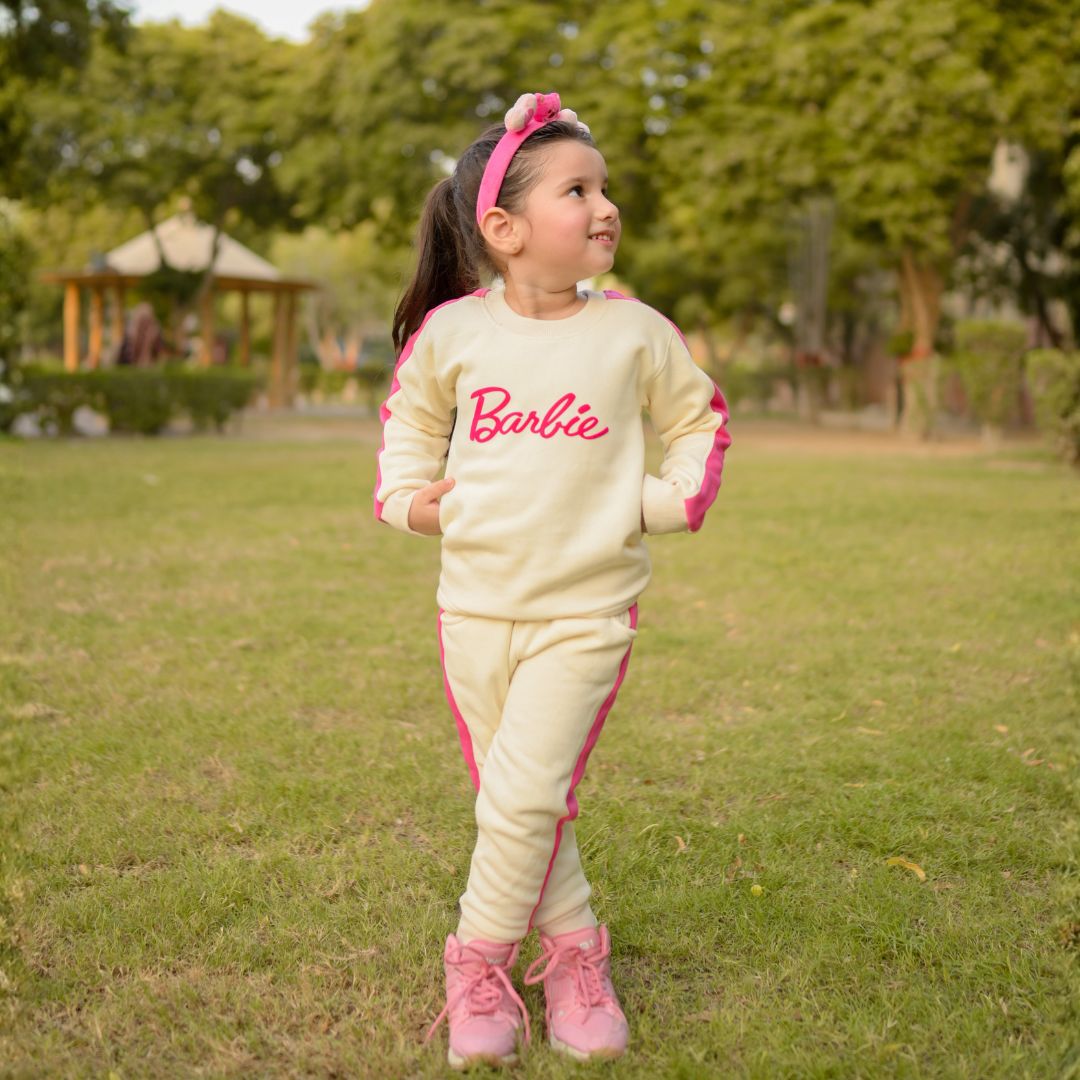Kids Barbie pink stripe track suit for winter - SuperCart.pk