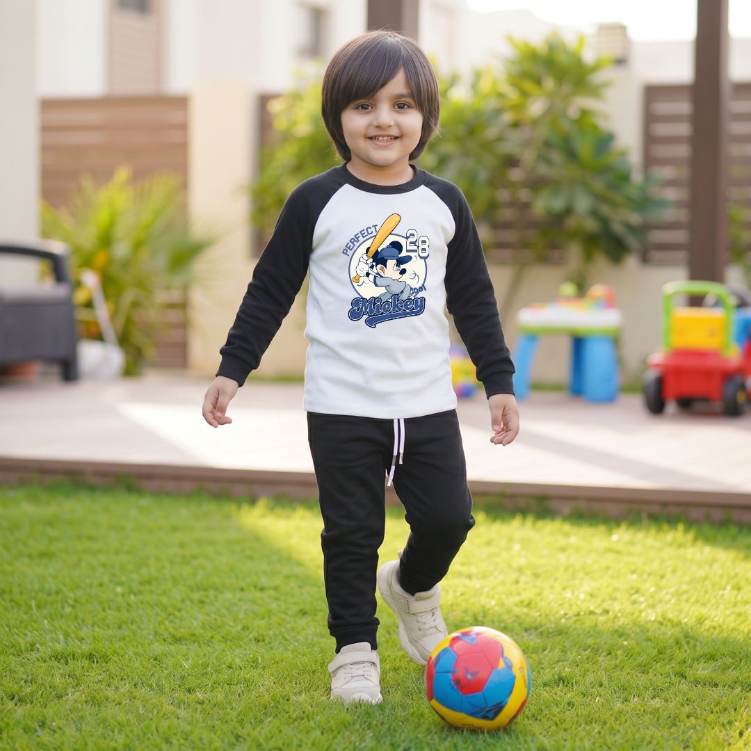 Figo - Black Mickey 28 Raglan Track Suit - black raglan fleece set for boys and girls