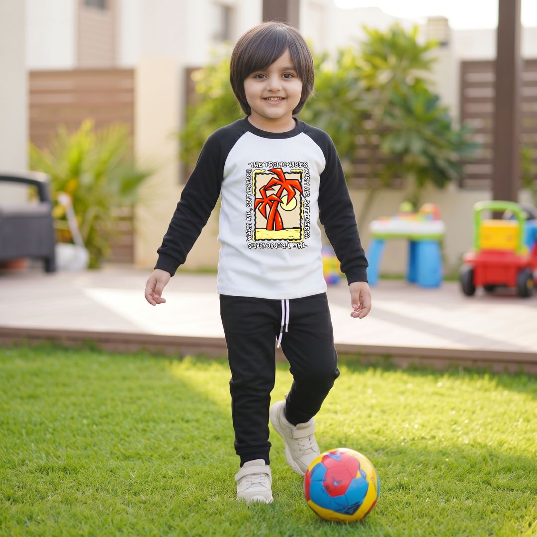 Figo - Black Tropic Vibes Raglan Track Suit - black raglan fleece set for boys and girls