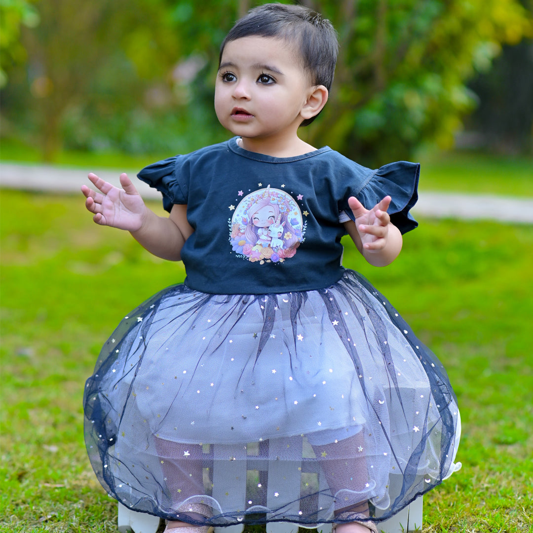 Figo - Navy Girl Unicorn Two Shaded Net Frock