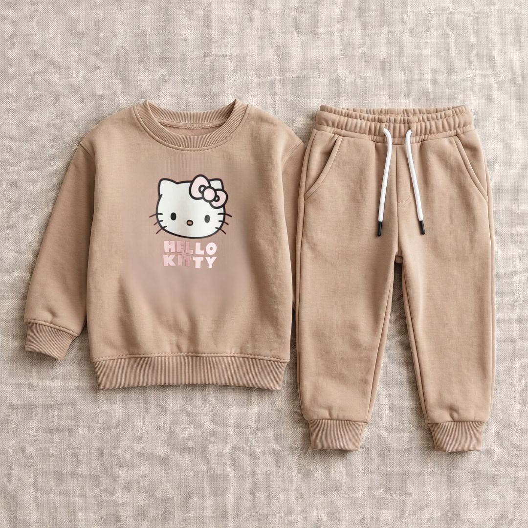 Figo - Camel H Kitty Track Suit - camel fleece sweatshirt and joggers set for girls