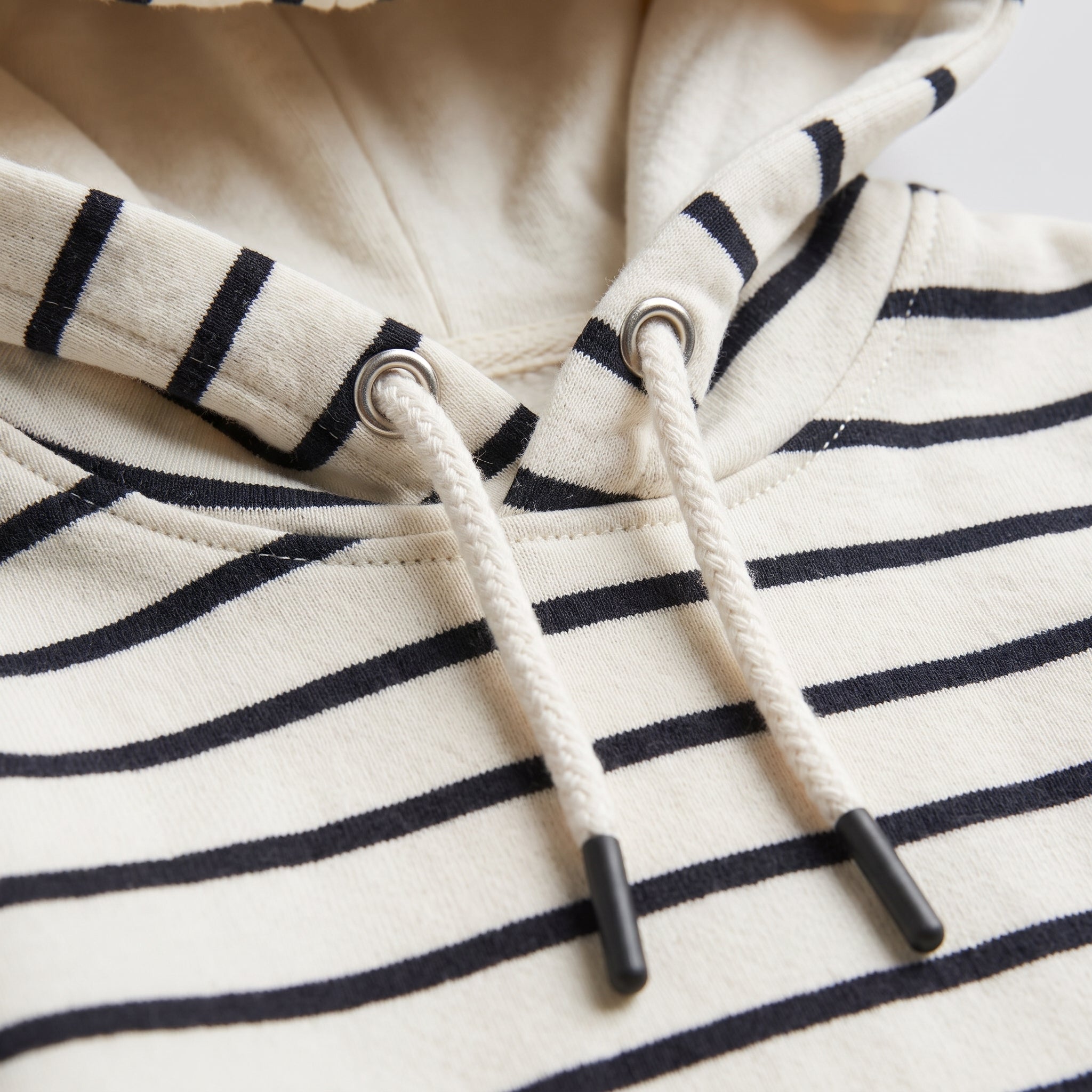 Figo Classic Stripe Hoodie - drawstring hood close-up, white striped kids hoodie