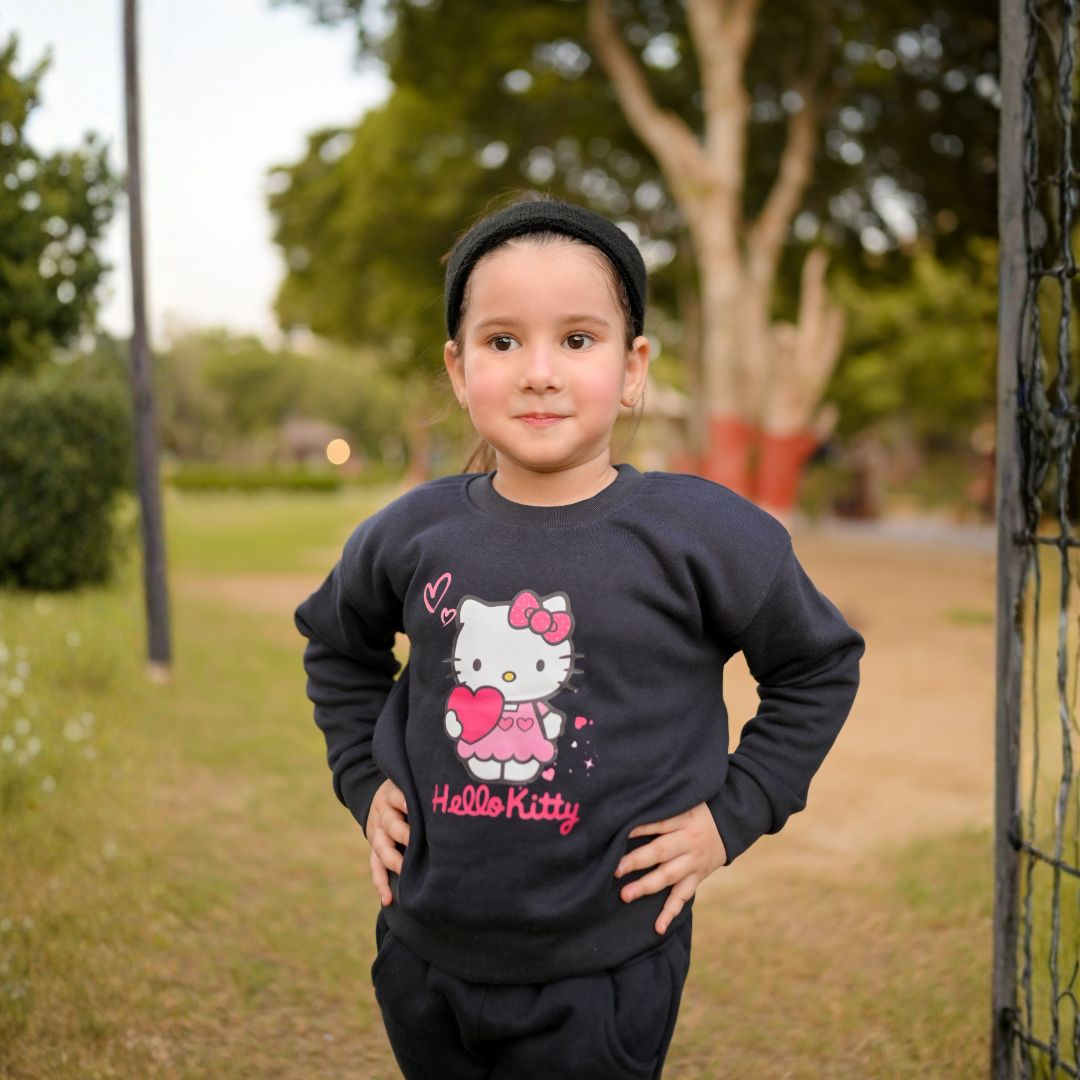 Figo Dark Navy H Kitty Drop Shoulder Track Suit for girls - front