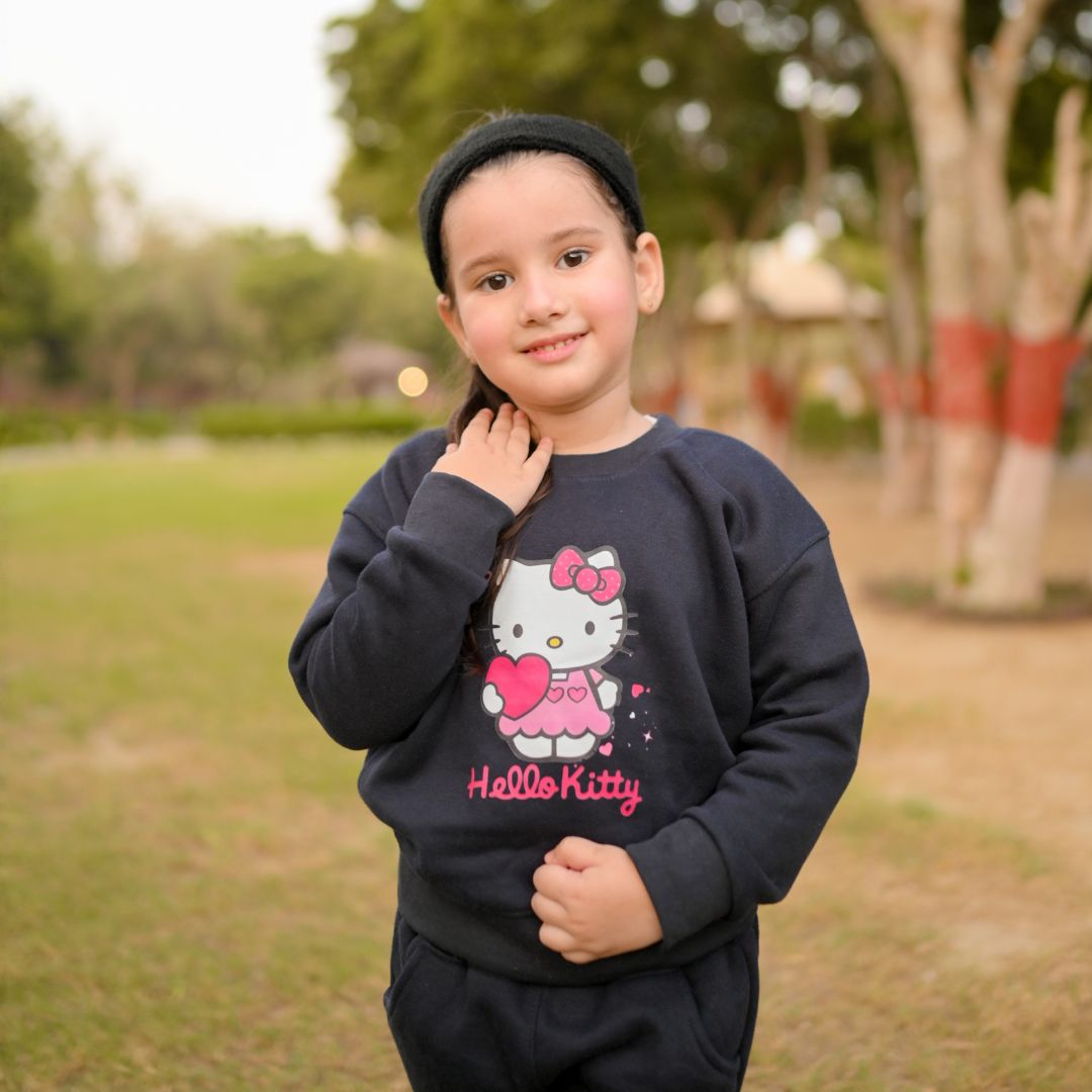 Figo Dark Navy H Kitty Drop Shoulder Track Suit - kids fleece winter set