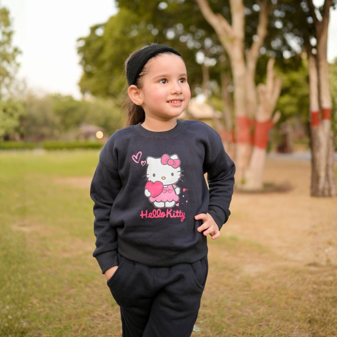 Dark Navy H Kitty Drop Shoulder Track Suit - pink kitty print close look