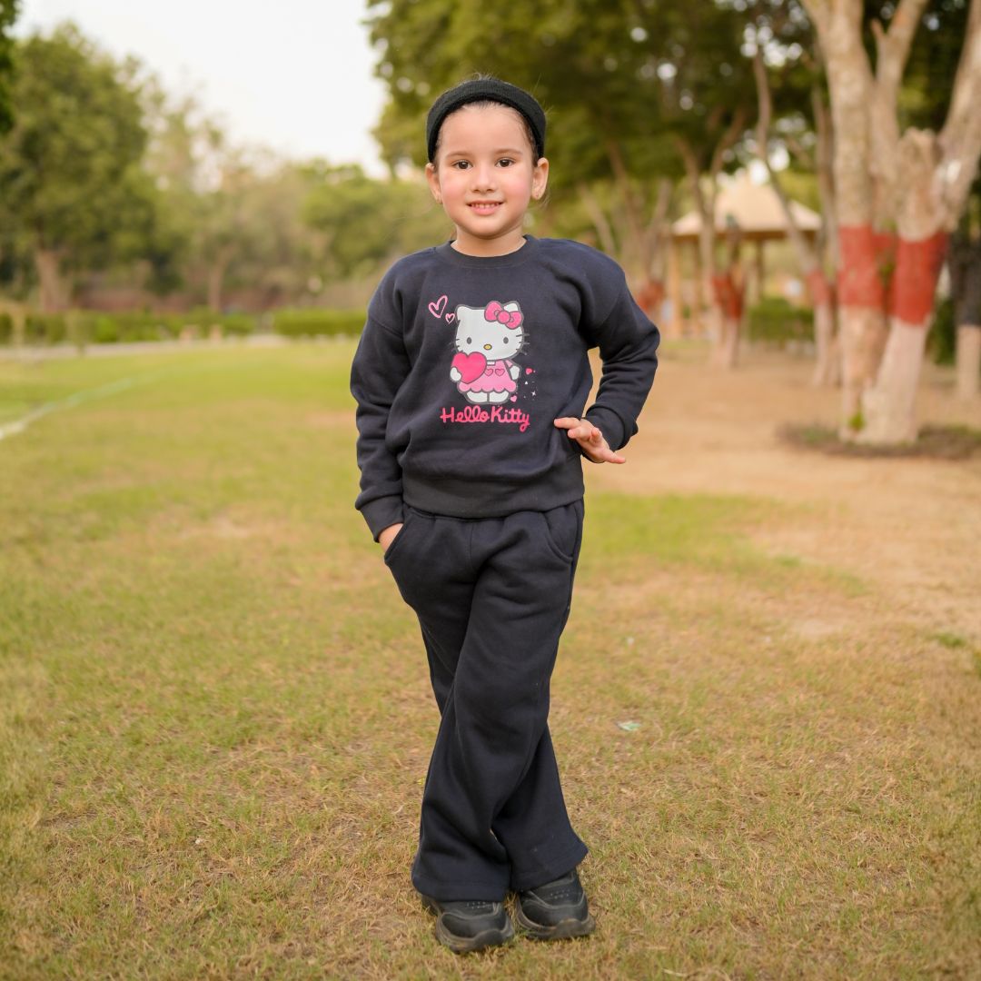 Kids Dark Navy H Kitty drop shoulder winter track suit - SuperCart.pk