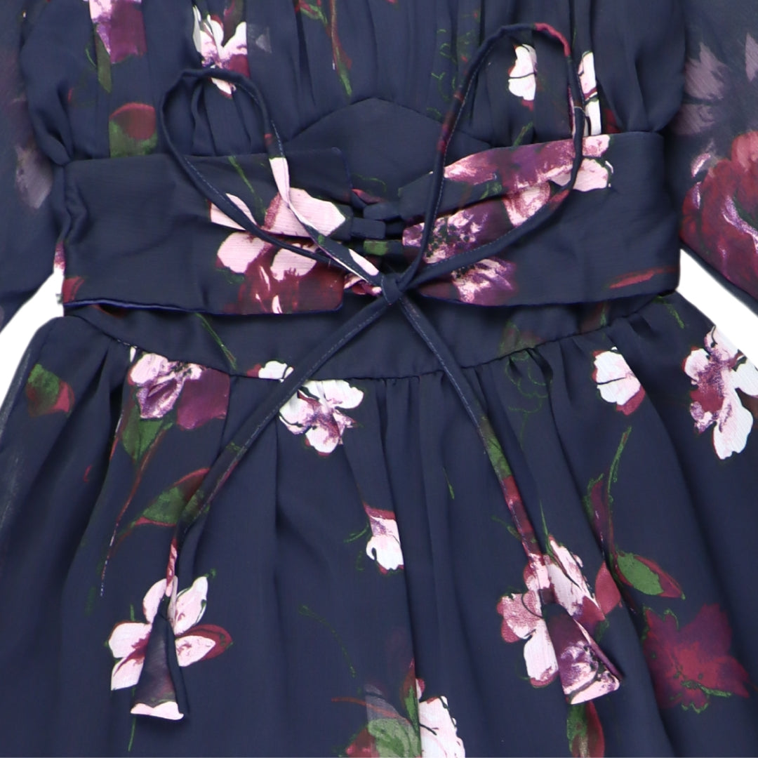 Figo - Dark Navy Floral Front Belted Frill Maxi