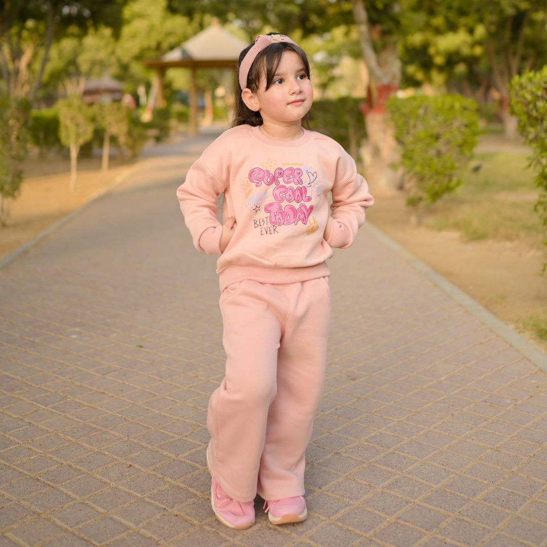 Girls Super Cool slogan fleece track suit in dusty rose - Figo Kids