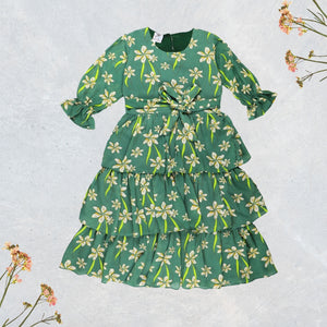 Figo - Vibrant Green Floral Frill Maxi/Long Frock