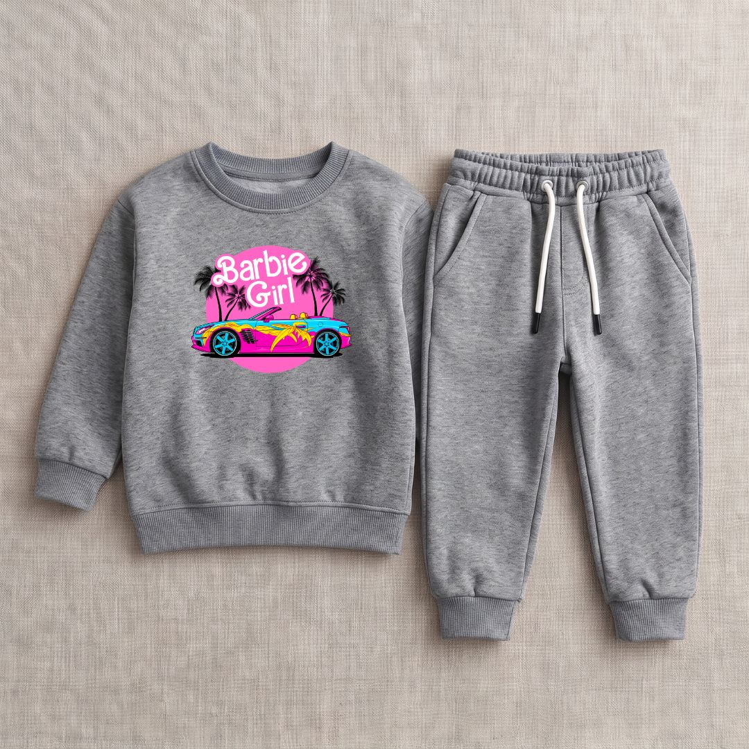 Figo - Grey Barbie Track Suit - heather grey fleece sweatshirt and joggers set for girls