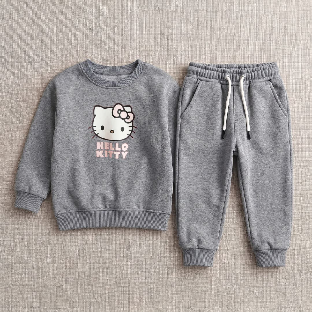 Figo - Grey H Kitty Track Suit - heather grey fleece sweatshirt and joggers set for girls
