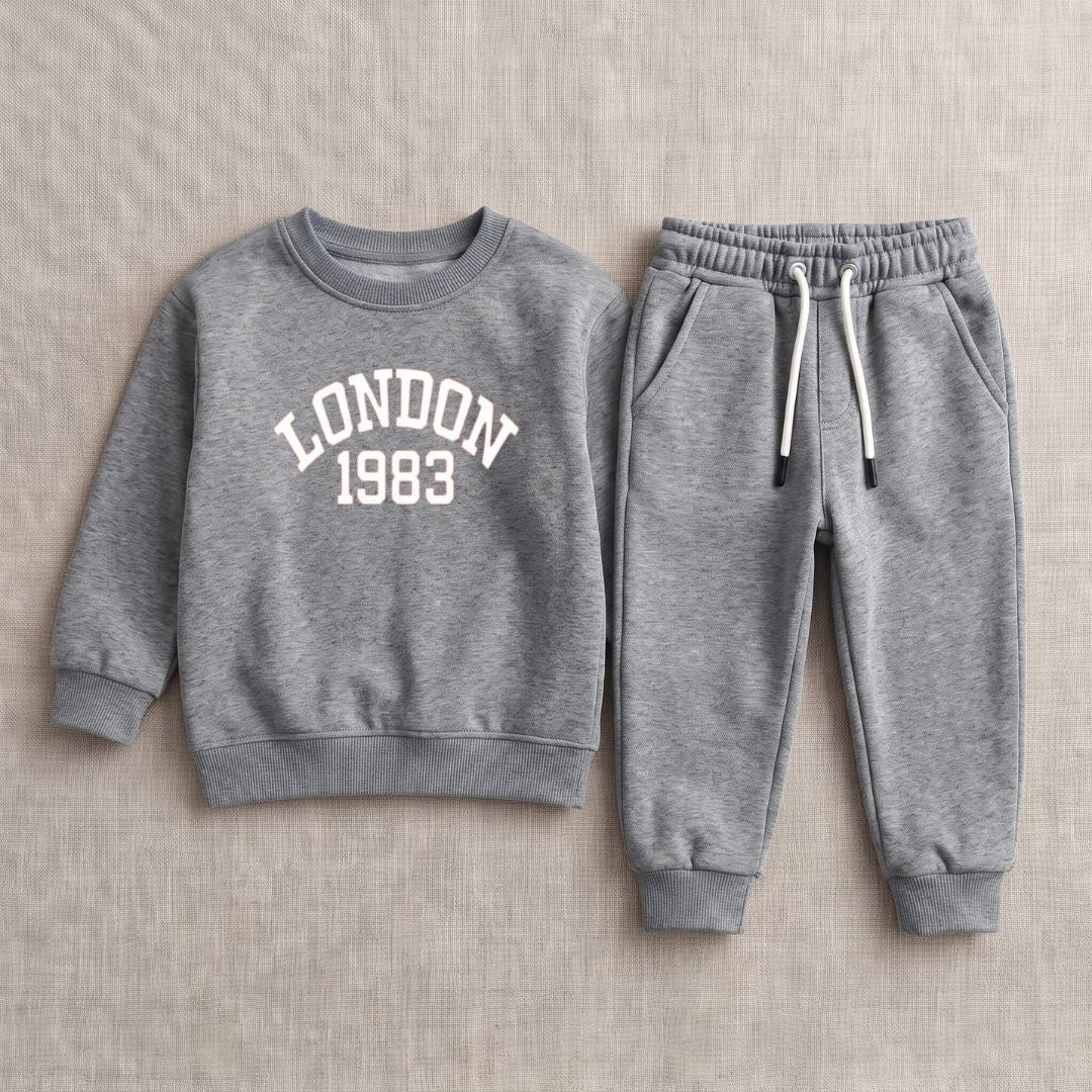 Figo - Grey London 1983 Track Suit - heather grey fleece sweatshirt and joggers set for boys and girls
