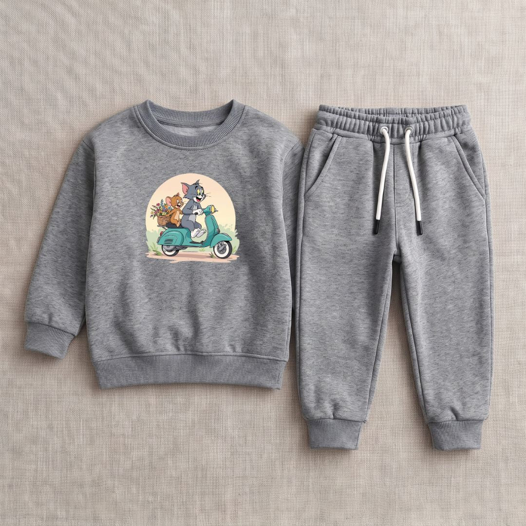 Figo - Grey Tom & Jerry Track Suit - heather grey fleece sweatshirt and joggers set for boys and girls