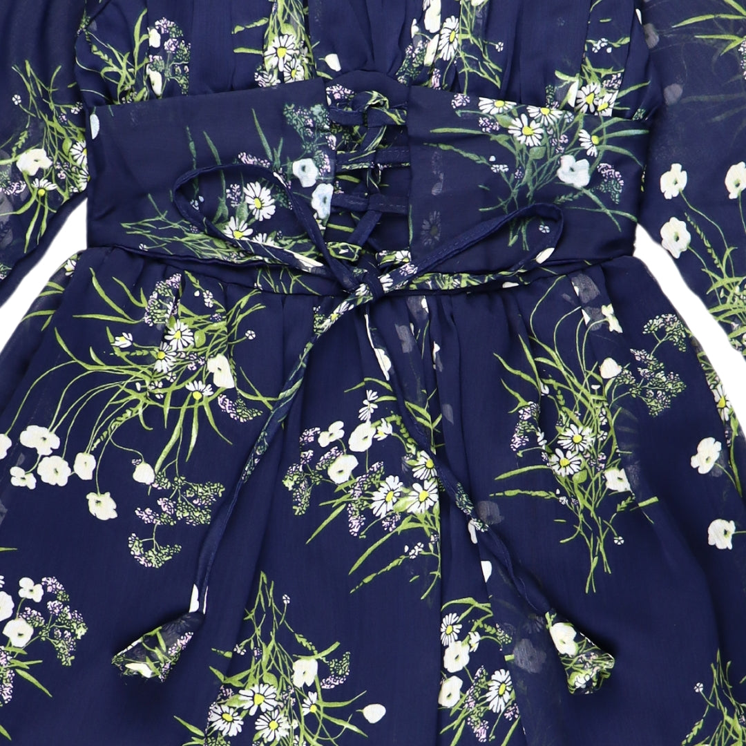 Figo - Navy Floral Front Belted Frill Maxi