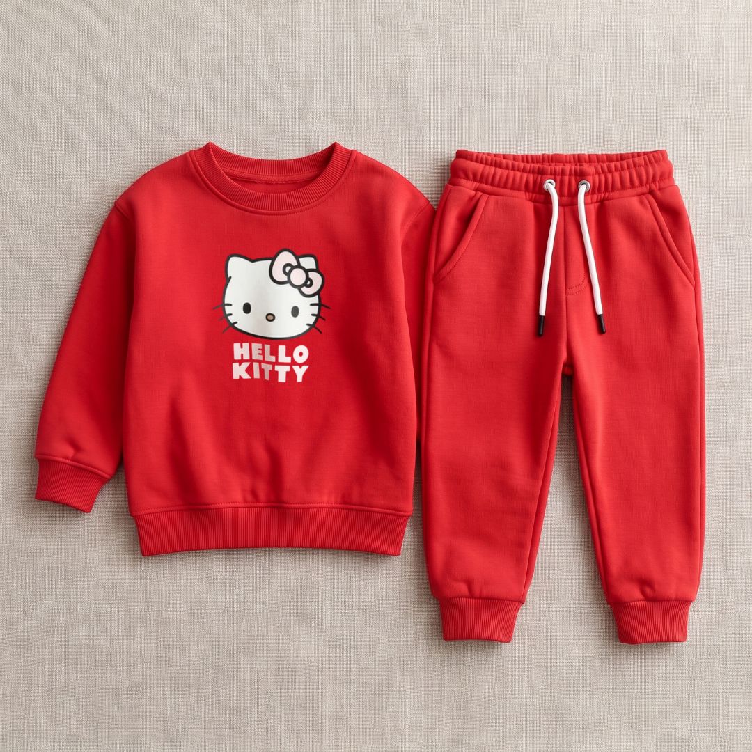 Figo - Red H Kitty Track Suit - red fleece sweatshirt and trousers set for girls
