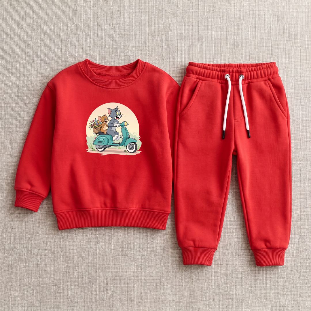 Figo - Red Tom & Jerry Track Suit - red fleece sweatshirt and trousers set for boys and girls